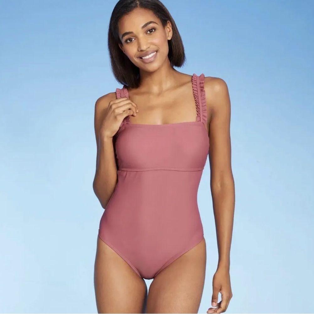 Kona Sol Square Neck Ruffle One Piece Swim Bathing suit Pink/Mauve Medium 8-10